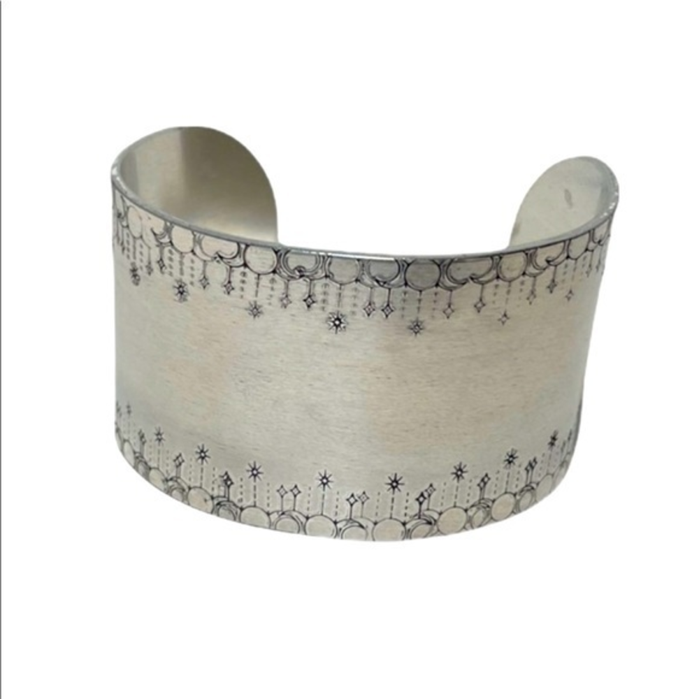 Handmade stamped boho moon silver rounded edge wide adjustable cuff bracelet